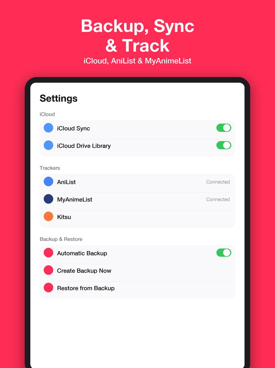 iCloud sync, tracker, and backup settings in Yomu on iPad